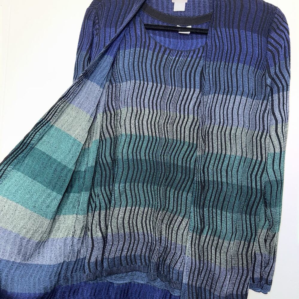 Chico’s Women’s 2 Piece Cardigan Tank Top Set Striped Green Blue Size 2, Large - Picture 4 of 6
